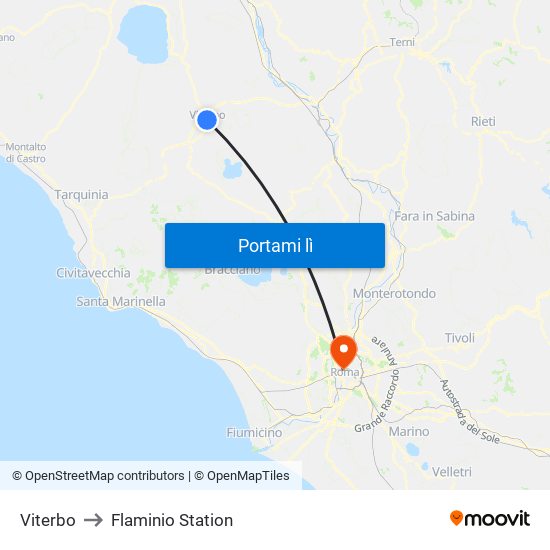 Viterbo to Flaminio Station map