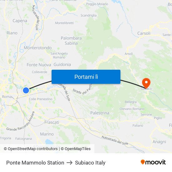 Ponte Mammolo Station to Subiaco Italy map