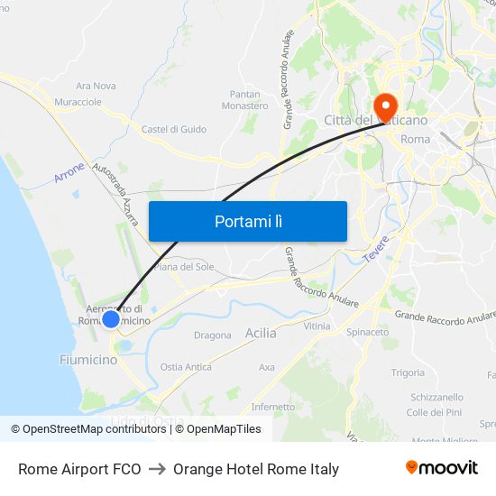 Rome Airport FCO to Orange Hotel Rome Italy map