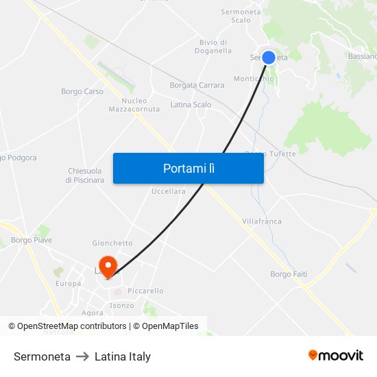 Sermoneta to Latina Italy map