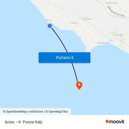 Anzio to Ponza Italy map