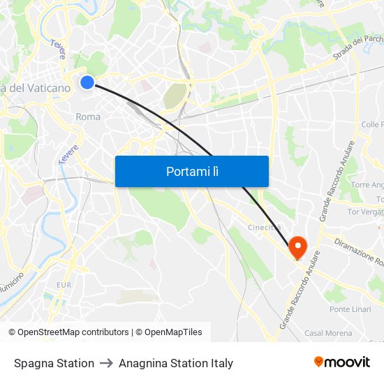Spagna Station to Anagnina Station Italy map