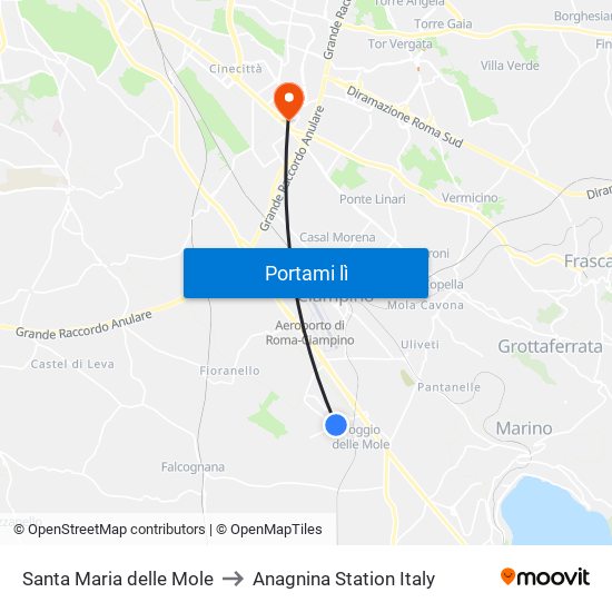 Santa Maria delle Mole to Anagnina Station Italy map