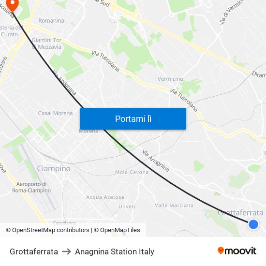 Grottaferrata to Anagnina Station Italy map