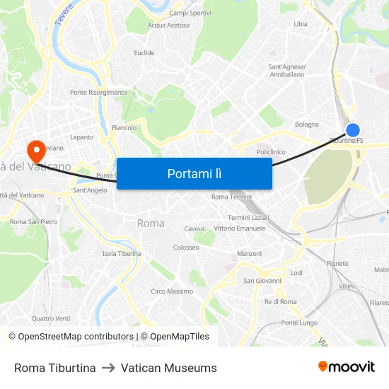 Roma Tiburtina to Vatican Museums map
