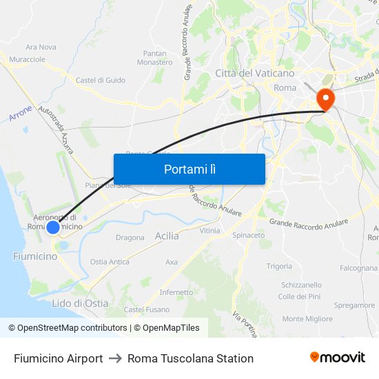Fiumicino Airport to Roma Tuscolana Station map
