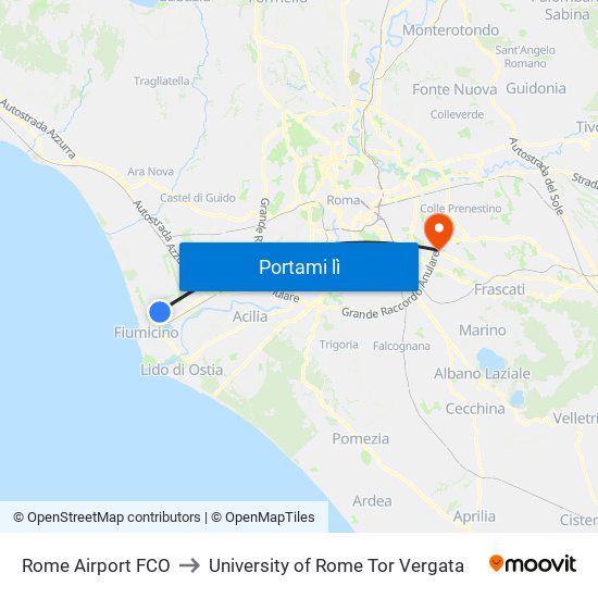 Rome Airport FCO to University of Rome Tor Vergata map