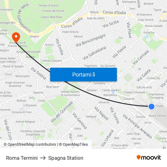 Roma Termini to Spagna Station map