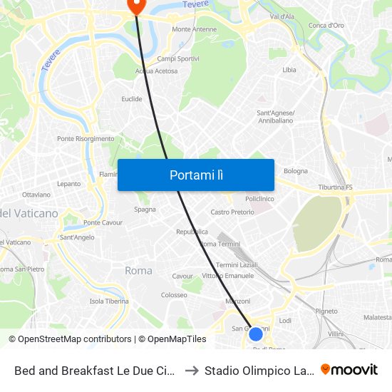 Bed and Breakfast Le Due Civette Rome to Stadio Olimpico Lazio Italy map