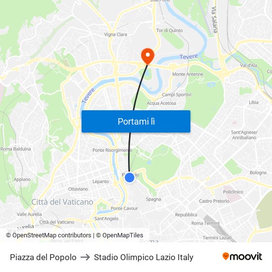 Piazza del Popolo to Stadio Olimpico Lazio Italy map