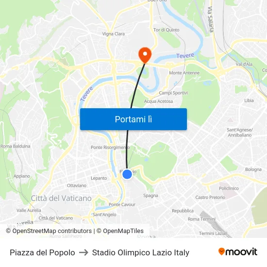 Piazza del Popolo to Stadio Olimpico Lazio Italy map