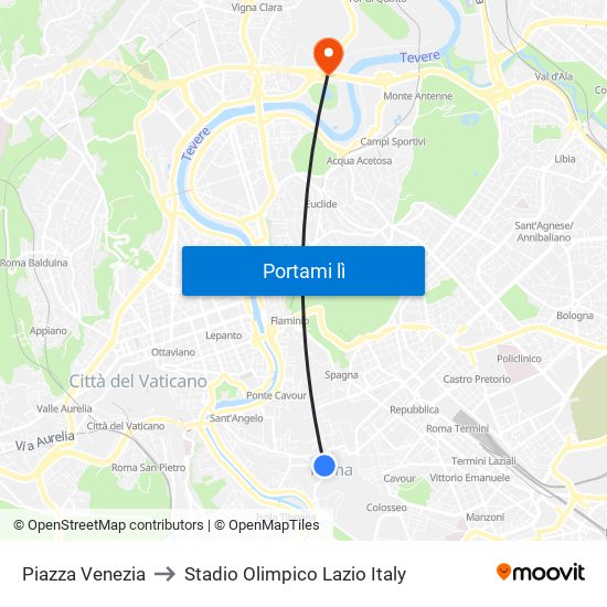 Piazza Venezia to Stadio Olimpico Lazio Italy map