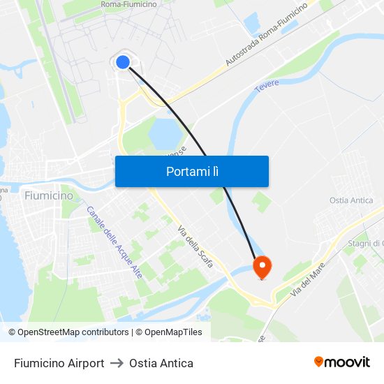 Fiumicino Airport to Ostia Antica map