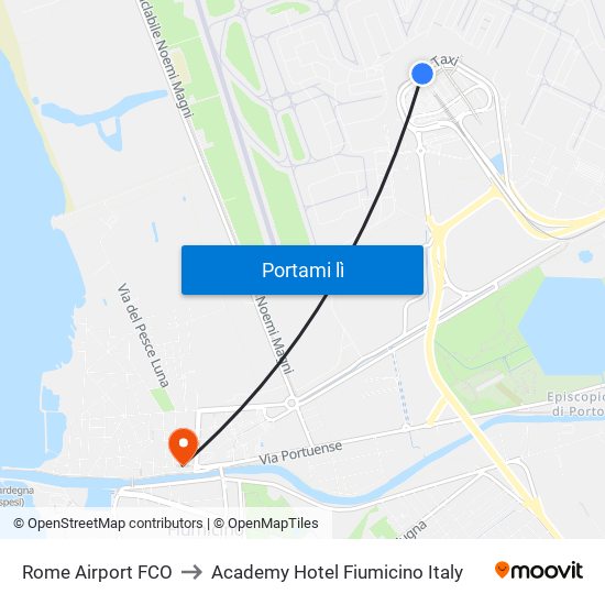 Rome Airport FCO to Academy Hotel Fiumicino Italy map