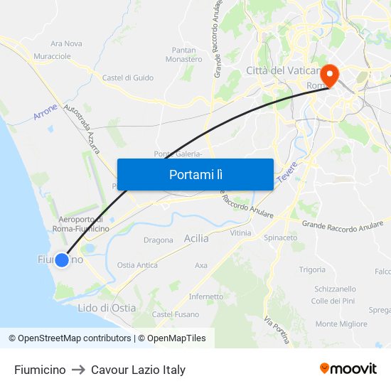 Fiumicino to Cavour Lazio Italy map