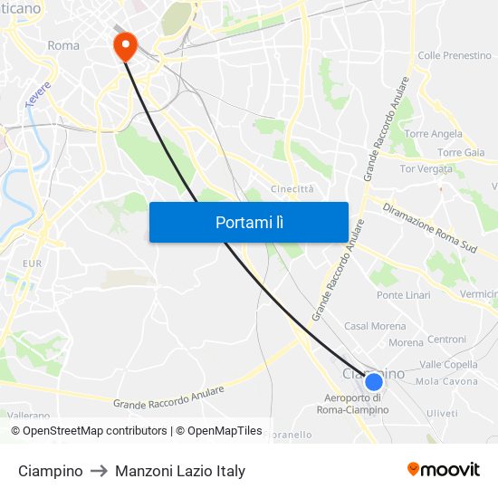 Ciampino to Manzoni Lazio Italy map