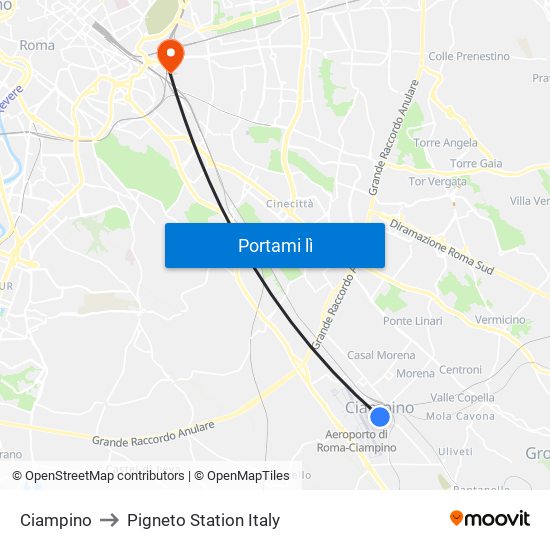 Ciampino to Pigneto Station Italy map