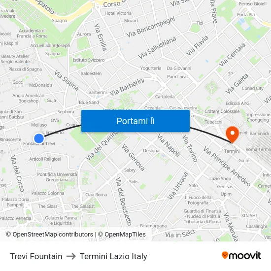 Trevi Fountain to Termini Lazio Italy map