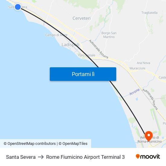 Santa Severa to Rome Fiumicino Airport Terminal 3 map