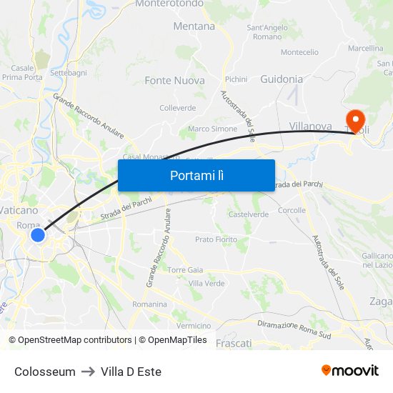 Colosseum to Villa D Este map