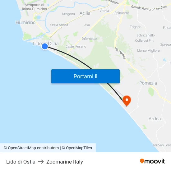Lido di Ostia to Zoomarine Italy map