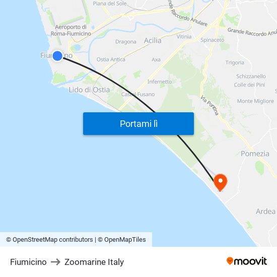 Fiumicino to Zoomarine Italy map