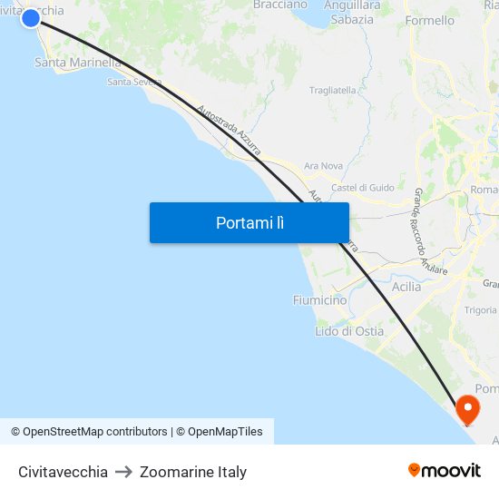 Civitavecchia to Zoomarine Italy map