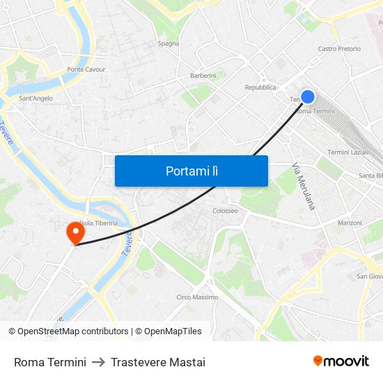 Roma Termini to Trastevere Mastai map