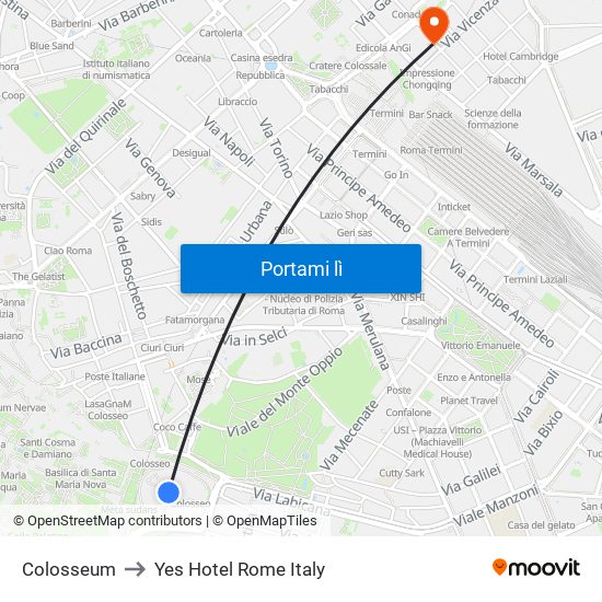 Colosseum to Yes Hotel Rome Italy map