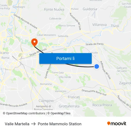 Valle Martella to Ponte Mammolo Station map
