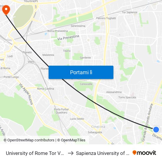 University of Rome Tor Vergata to Sapienza University of Rome map