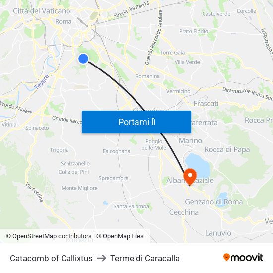 Catacomb of Callixtus to Terme di Caracalla map