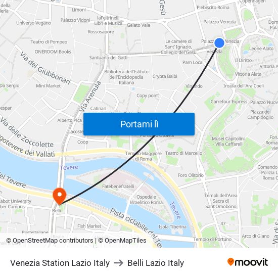 Venezia Station Lazio Italy to Belli Lazio Italy map