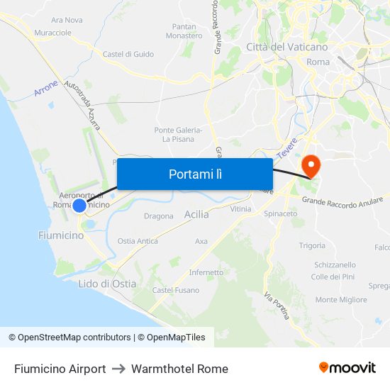 Fiumicino Airport to Warmthotel Rome map