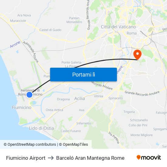 Fiumicino Airport to Barceló Aran Mantegna Rome map