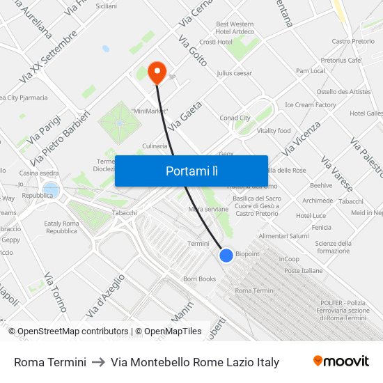 Roma Termini to Via Montebello Rome Lazio Italy map