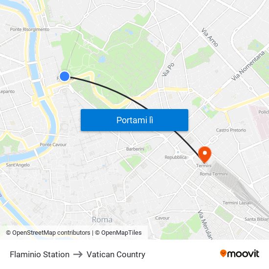 Flaminio Station to Vatican Country map