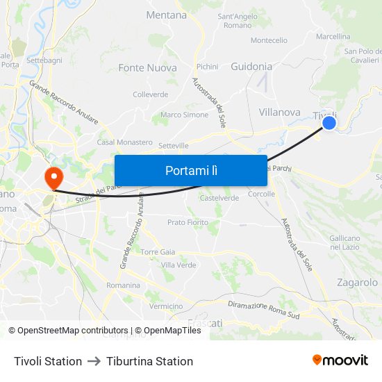Tivoli Station to Tiburtina Station map