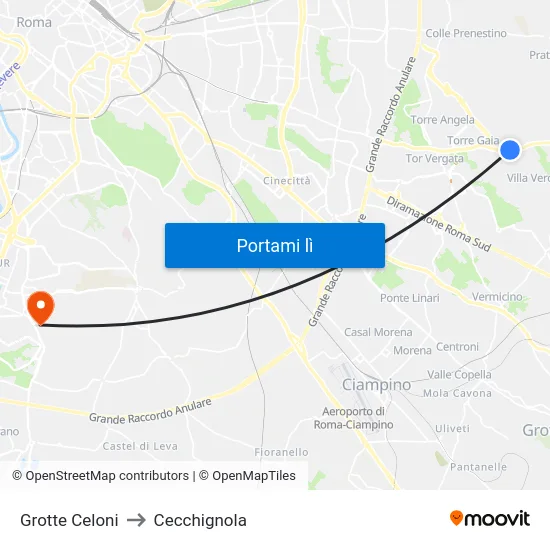 Grotte Celoni to Cecchignola map