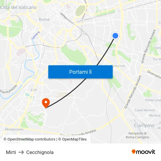 Mirti to Cecchignola map