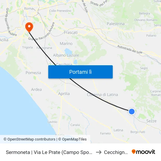 Sermoneta | Via Le Prate (Campo Sportivo) to Cecchignola map