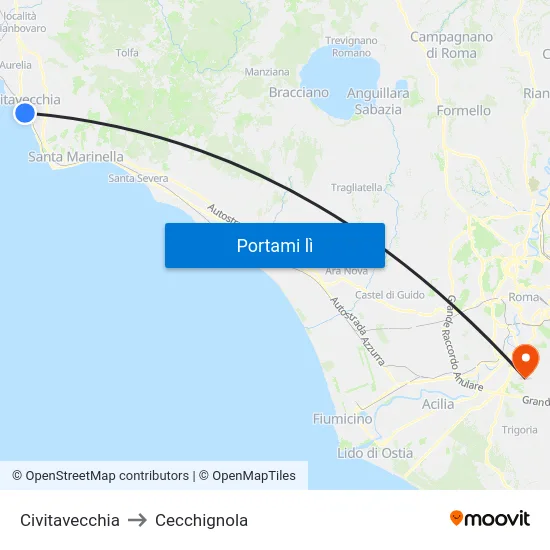 Civitavecchia to Cecchignola map