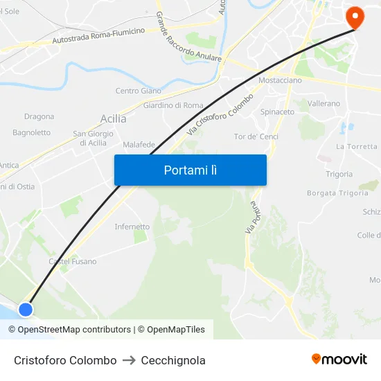 Cristoforo Colombo to Cecchignola map