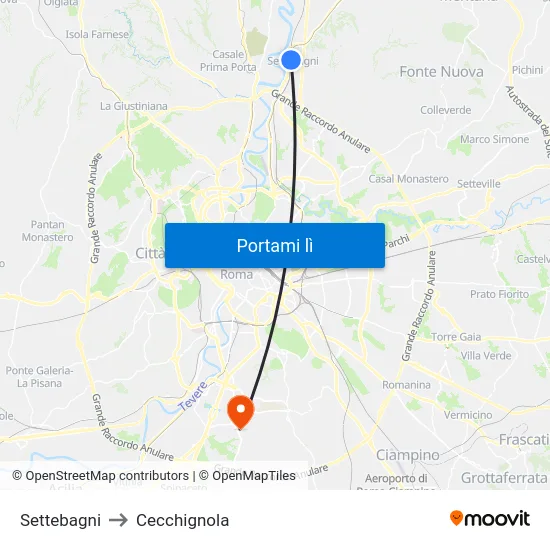 Settebagni to Cecchignola map