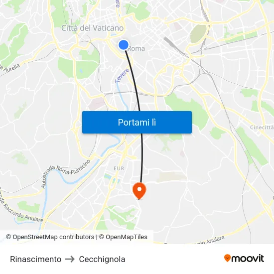 Rinascimento to Cecchignola map