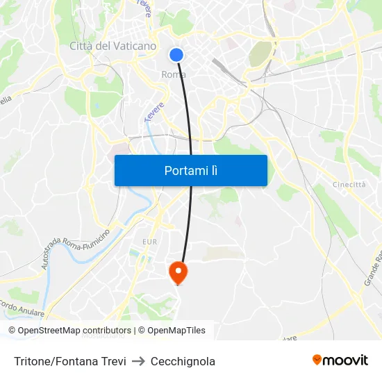 Tritone/Fontana Trevi to Cecchignola map