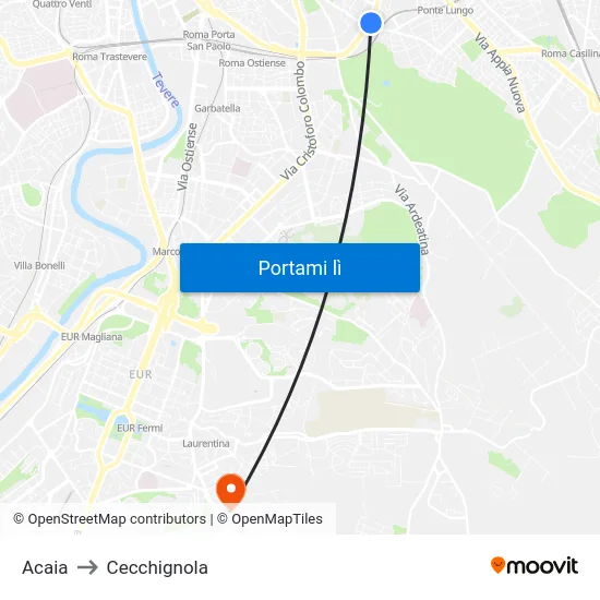 Acaia to Cecchignola map