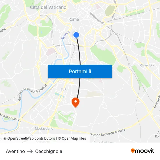 Aventino to Cecchignola map