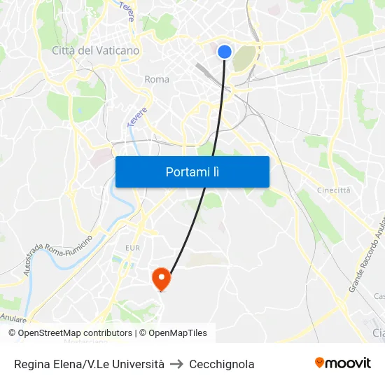 Regina Elena/V.Le Università to Cecchignola map