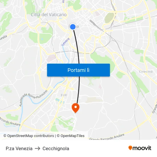 P.za Venezia to Cecchignola map